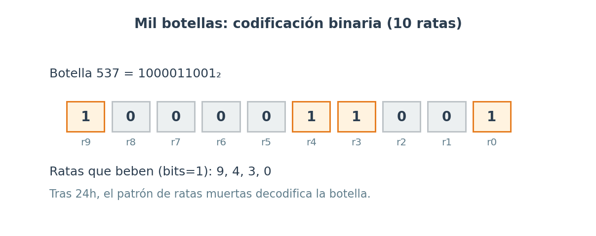 Mil botellas: codificación binaria (ejemplo con 537)